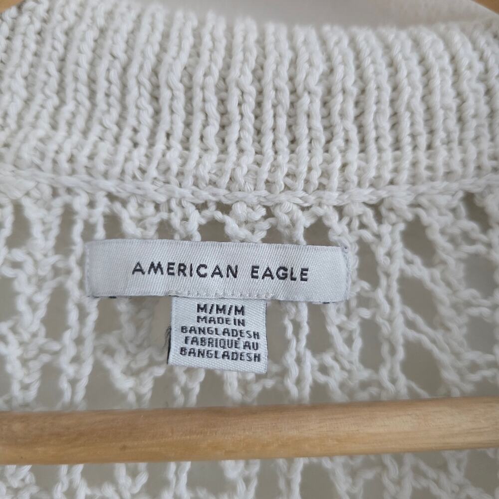 American Eagle Crochet Open Knit Polo Shirt Size M Cream Tassel Cottage Beachy - Picture 6 of 9